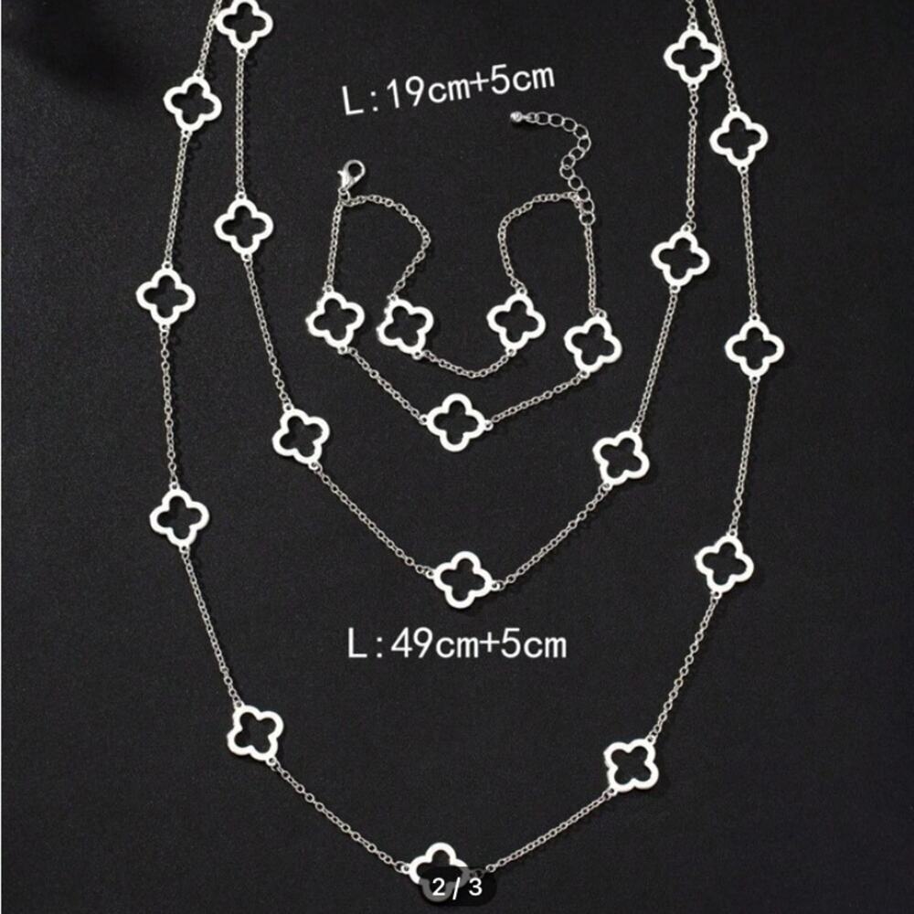 Silver Four Leaf  Necklace Bracelet Set Luxury Two Piece Set - Picture 3 of 4